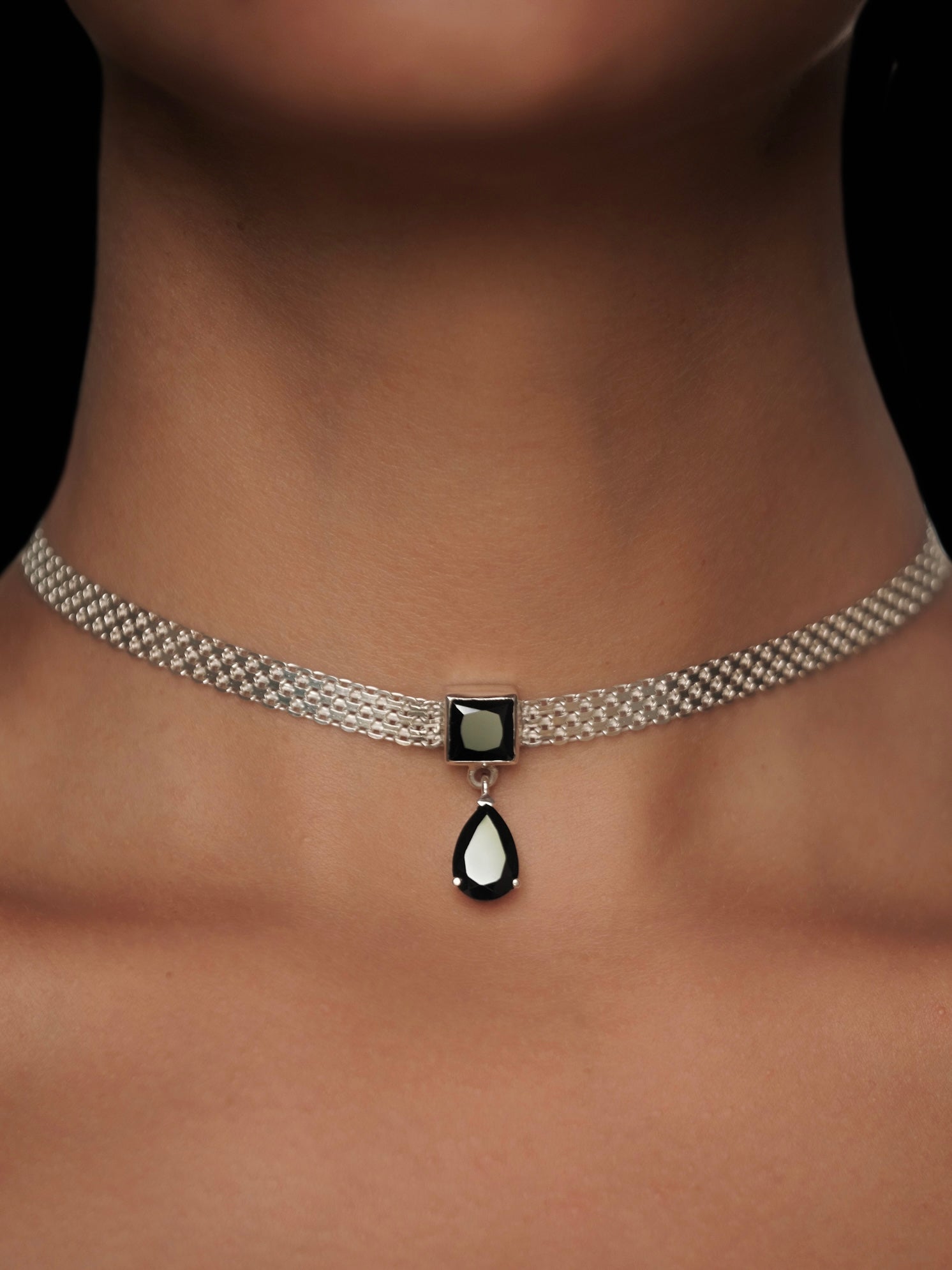 FIRENA Black Spinel Silver Necklace