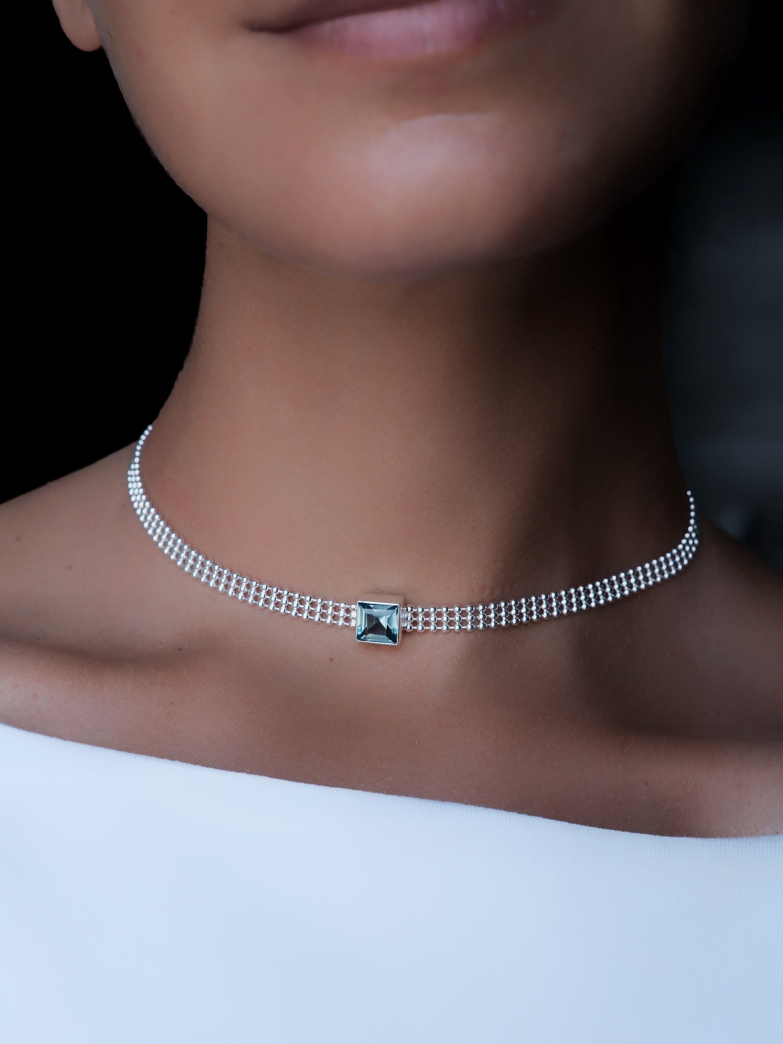AVA Blue Topaz Silver Necklace/Choker