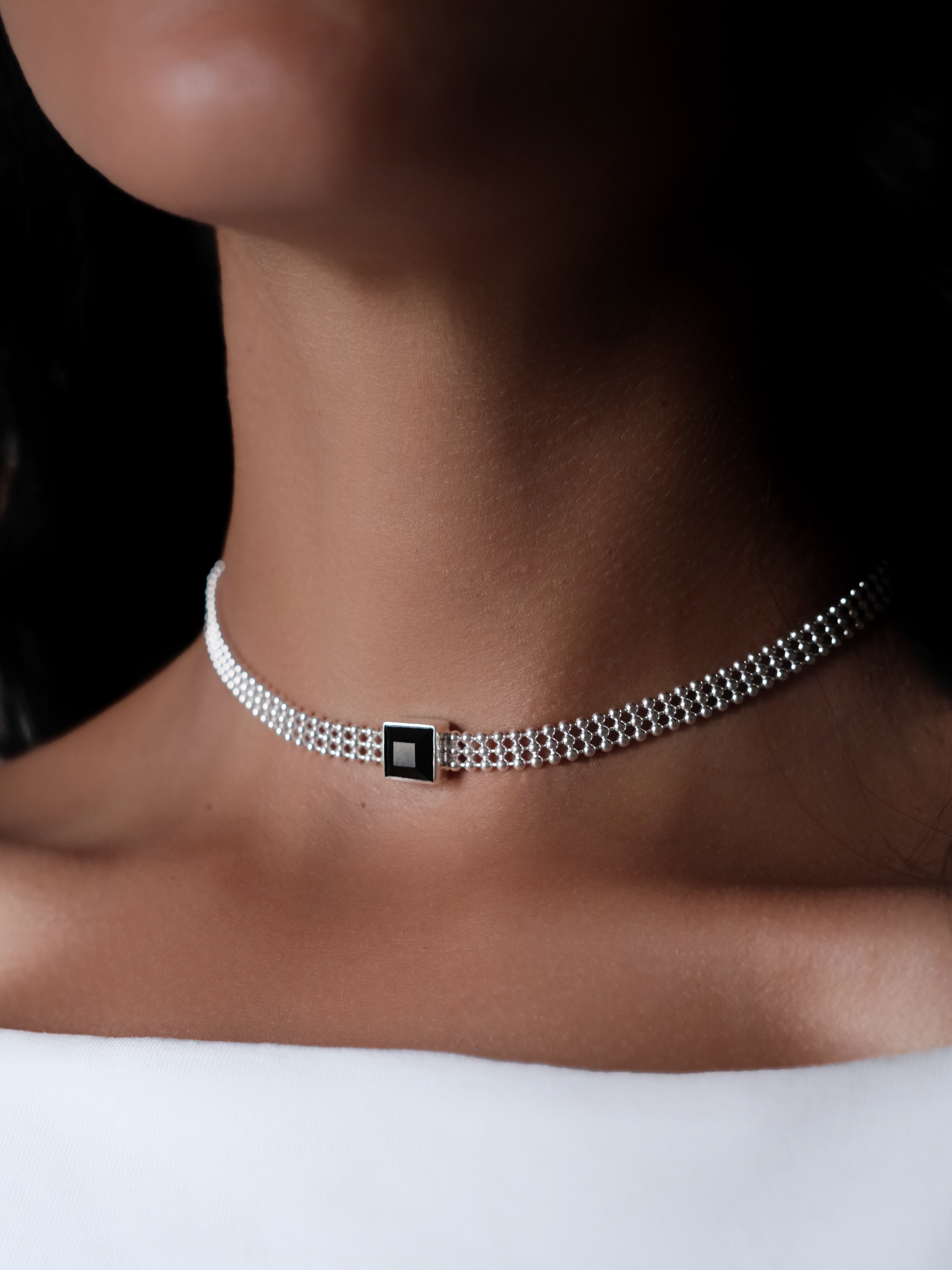 AVA Black Spinel Silver Necklace/Choker