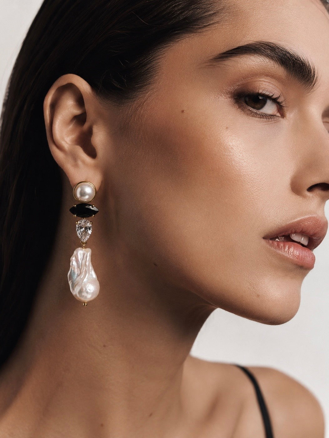 SCARLETT Black Spinel with Baroque Pearls Gold Earrings