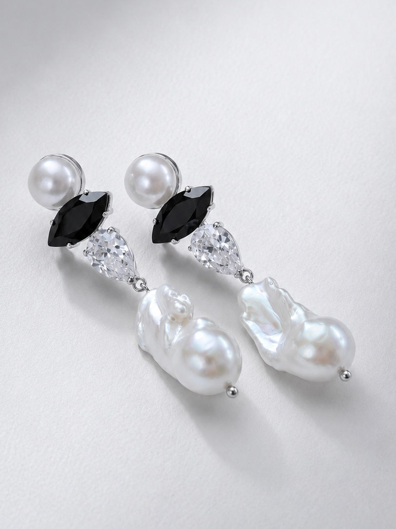 SCARLETT Black Spinel with Baroque Pearls Silver Earrings