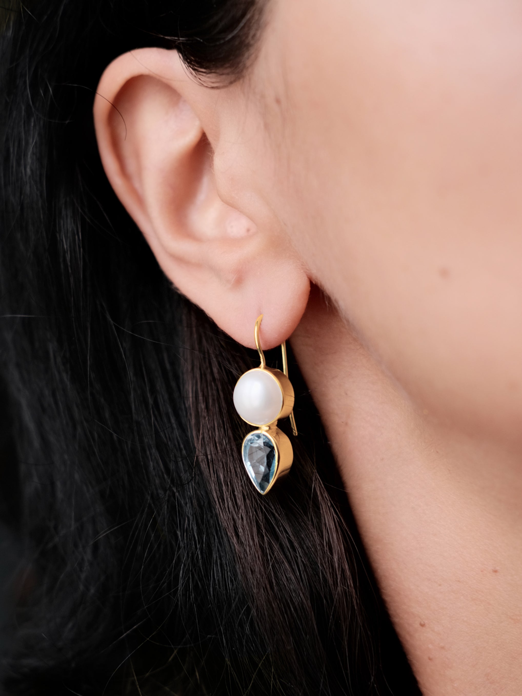 JOAN Pearls and Blue Topaz Gold Earrings