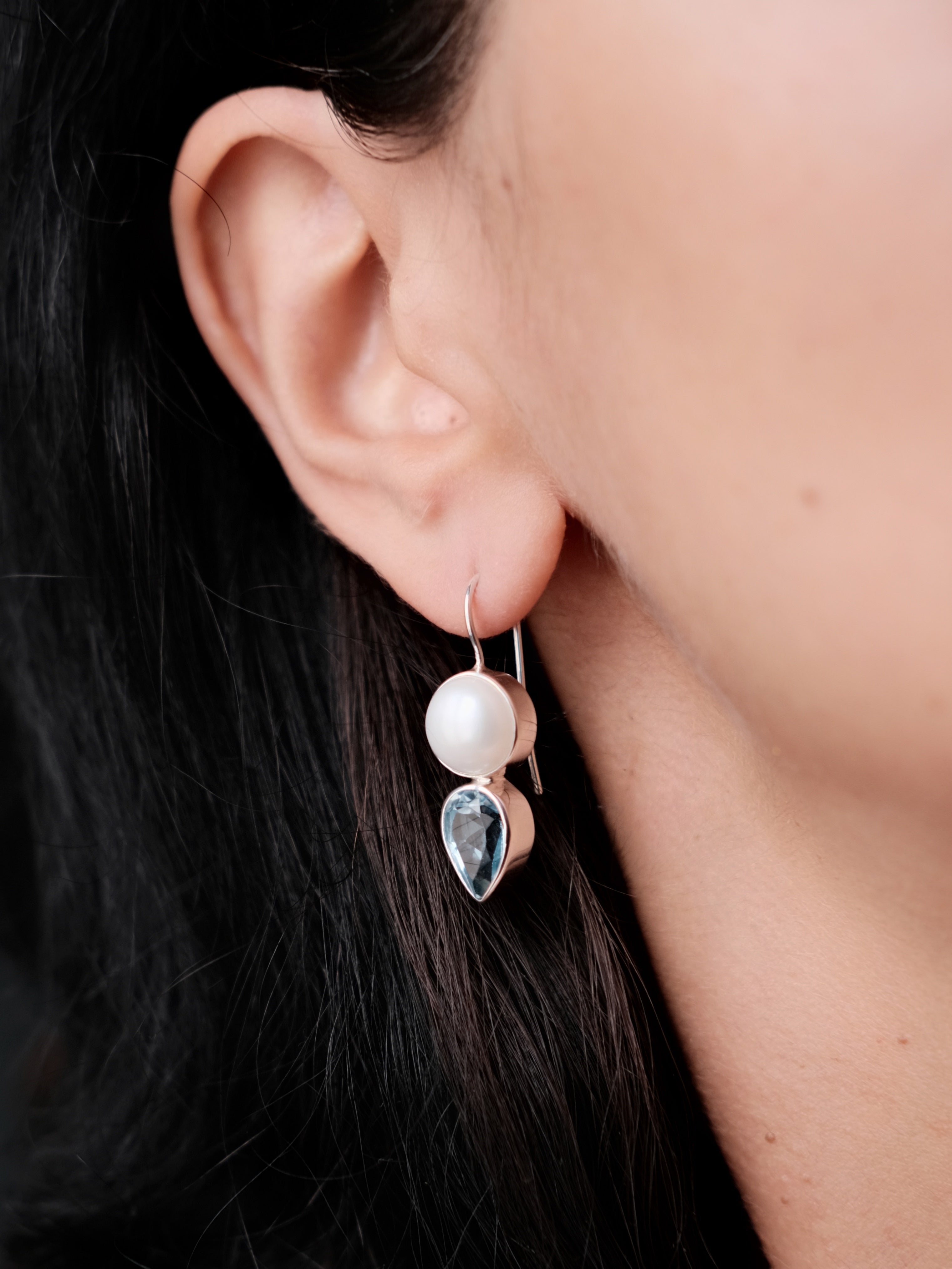 JOAN Pearls and Blue Topaz Silver Earrings