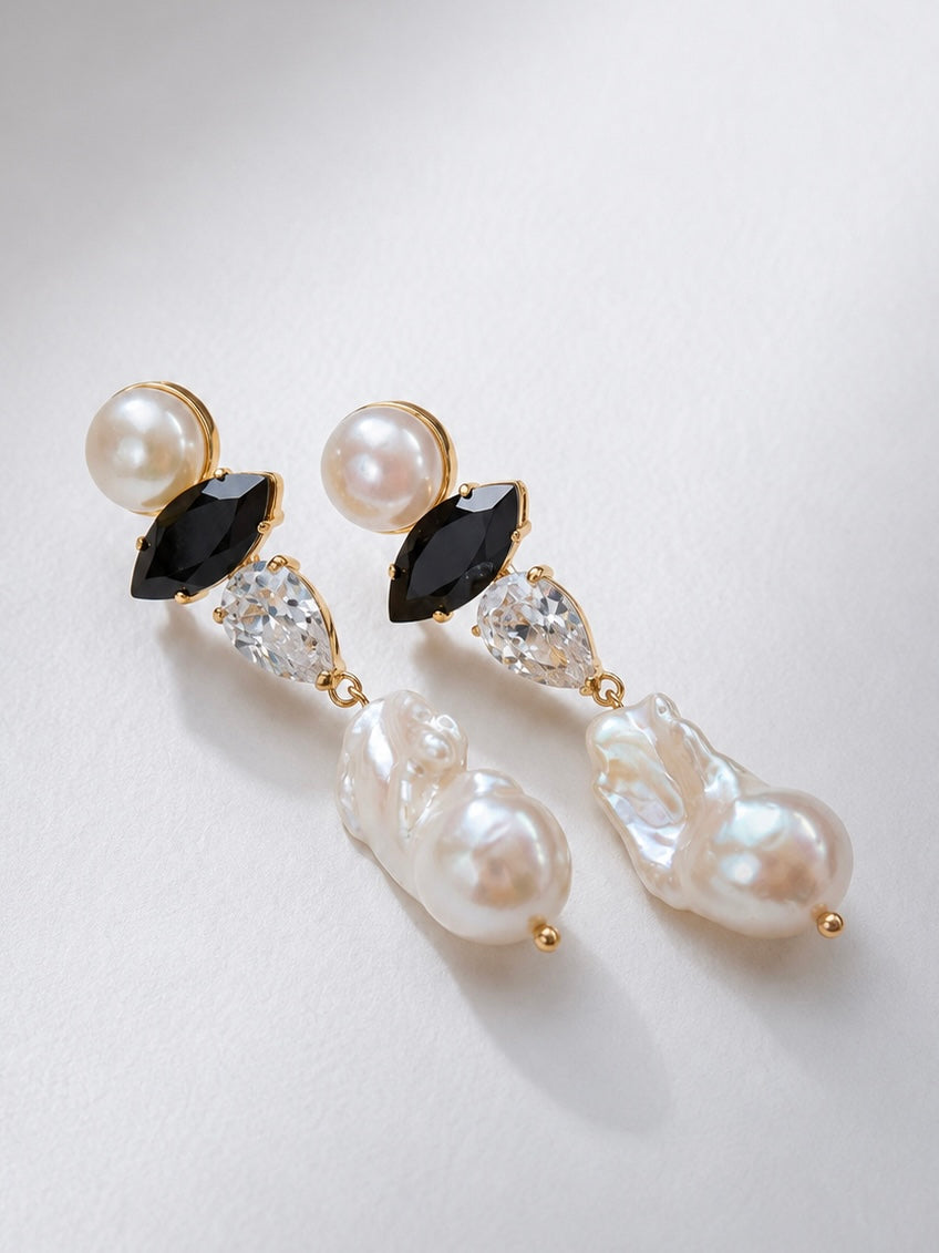 SCARLETT Black Spinel with Baroque Pearls Gold Earrings