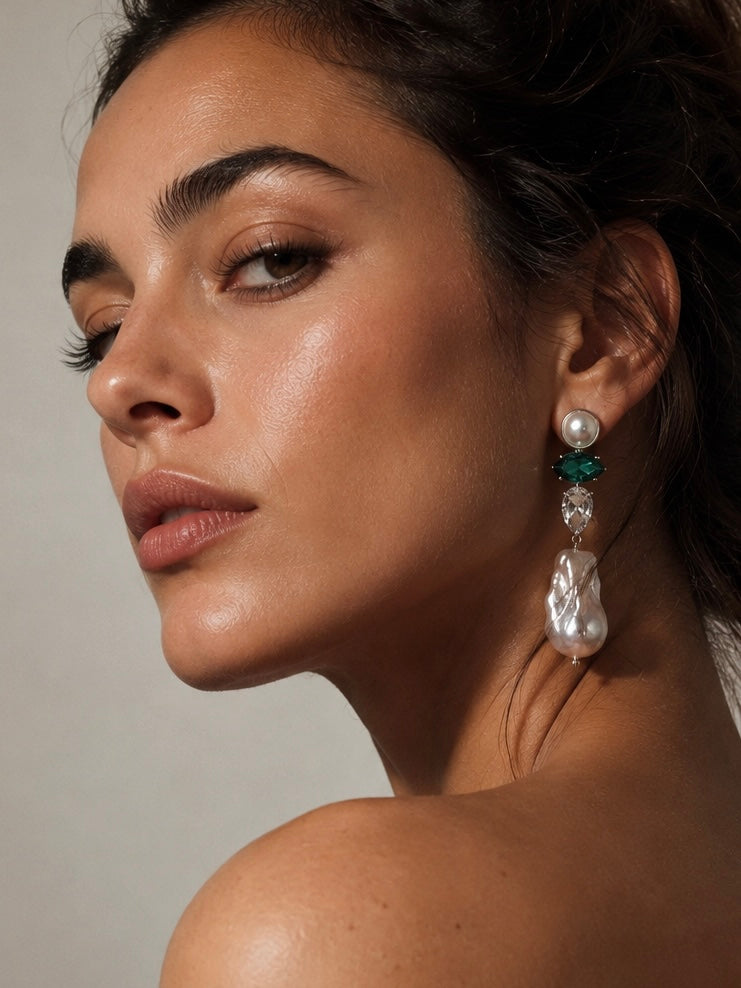 SCARLETT Green Quartz with Baroque Pearls Silver Earrings