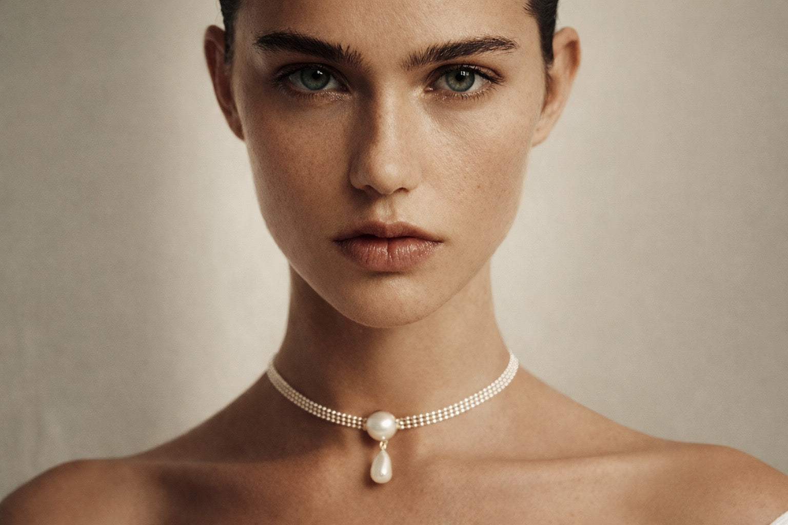Woman wearing a delicate pearl necklace against a neutral background